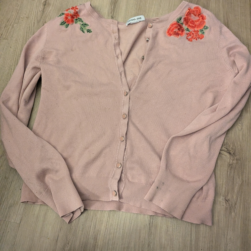 Lorna Jane Blush Cardigan with Red Floral Embroidery